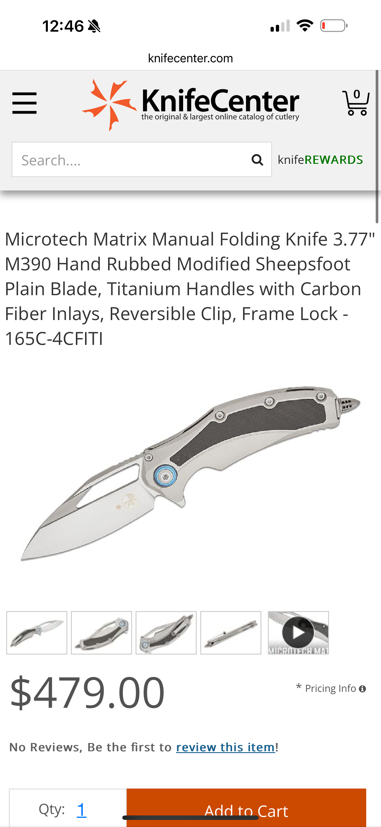 Microtech Matrix Manual Folding Knife 3.77" M390 Hand Rubbed Modified Sheepsfoot Plain Blade, Titanium Handles with Carbon Fiber Inlays, Reversible Clip, Frame Lock - 165C-4CFITI