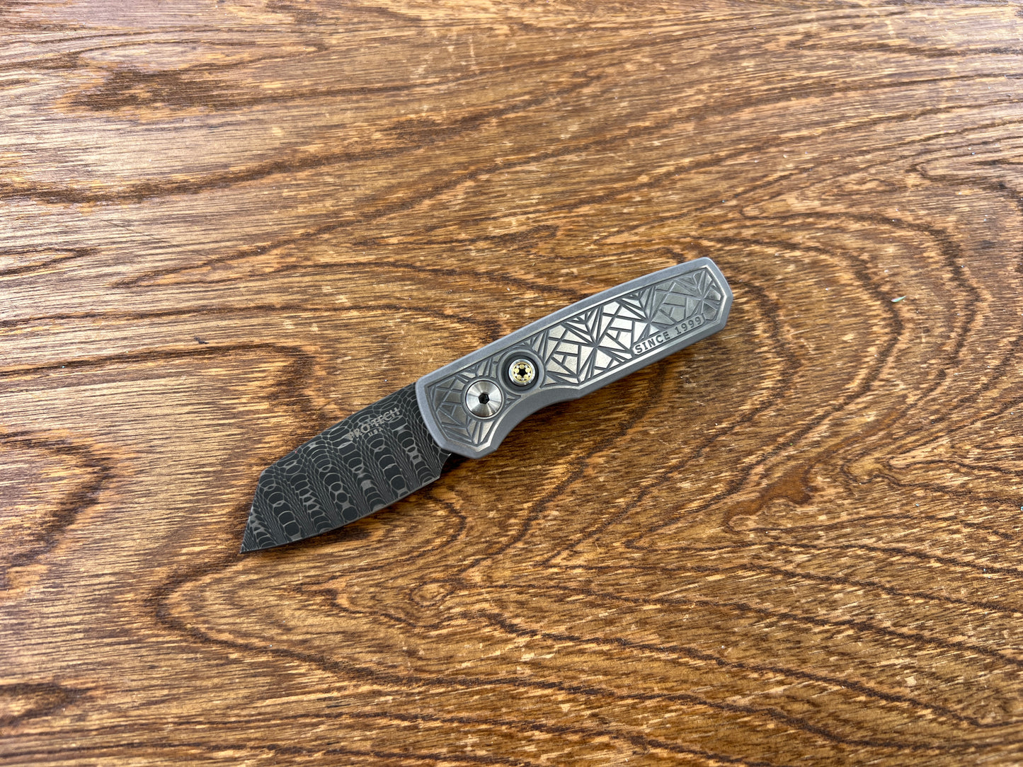 Pro-Tech Custom Runt 5 AUTO Folding Knife 1.94" VF Spirograph Damascus Reverse Tanto Blade, 'Since 1999' Nexus Textured 17-4 Stainless Steel Handles, Mosaic Button - 2024.Runt 5.Custom.001