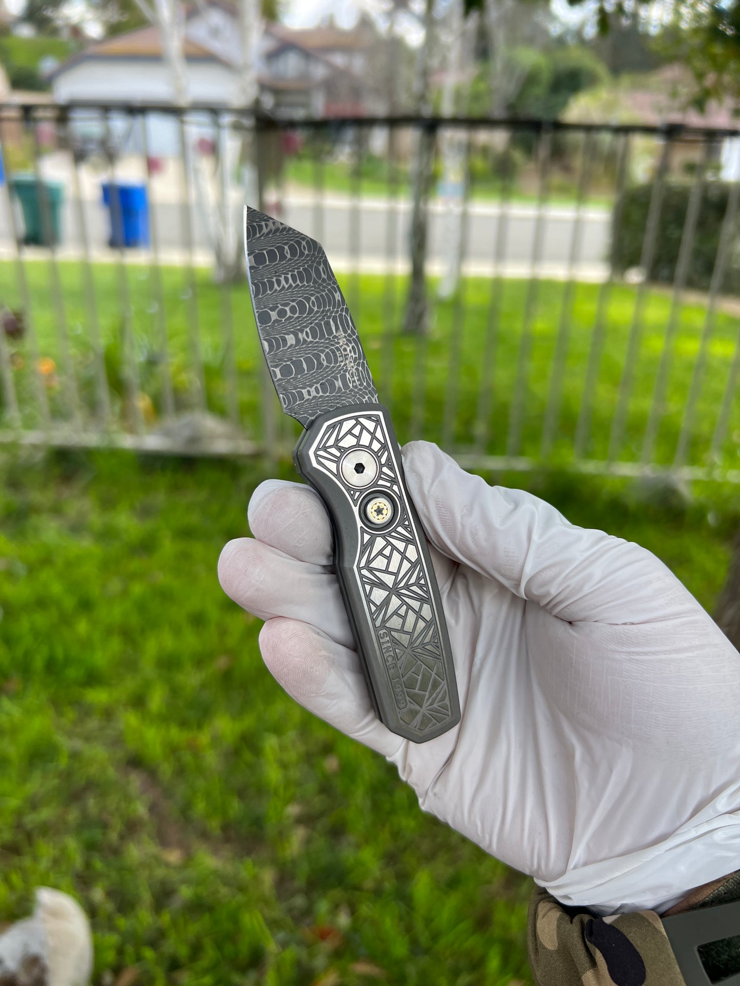 Pro-Tech Custom Runt 5 AUTO Folding Knife 1.94" VF Spirograph Damascus Reverse Tanto Blade, 'Since 1999' Nexus Textured 17-4 Stainless Steel Handles, Mosaic Button - 2024.Runt 5.Custom.001