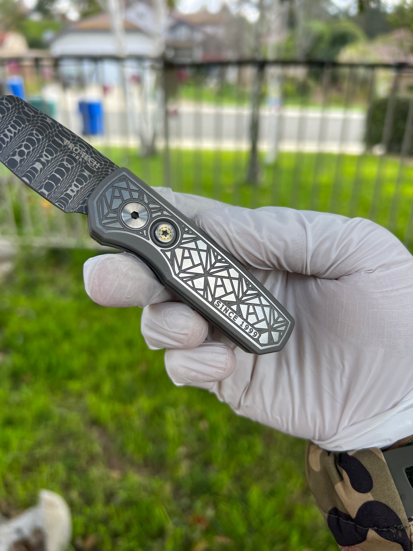 Pro-Tech Custom Runt 5 AUTO Folding Knife 1.94" VF Spirograph Damascus Reverse Tanto Blade, 'Since 1999' Nexus Textured 17-4 Stainless Steel Handles, Mosaic Button - 2024.Runt 5.Custom.001