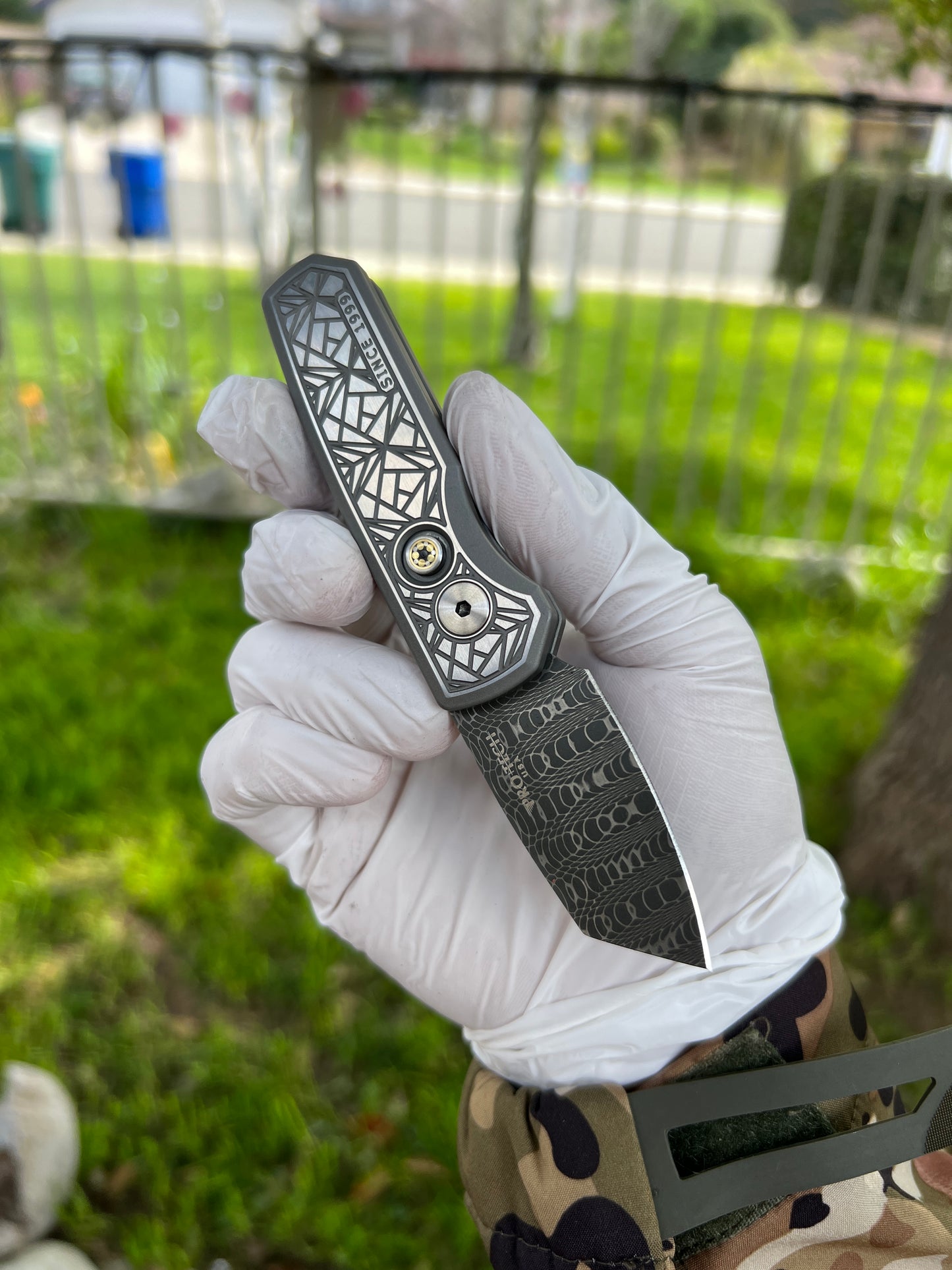 Pro-Tech Custom Runt 5 AUTO Folding Knife 1.94" VF Spirograph Damascus Reverse Tanto Blade, 'Since 1999' Nexus Textured 17-4 Stainless Steel Handles, Mosaic Button - 2024.Runt 5.Custom.001