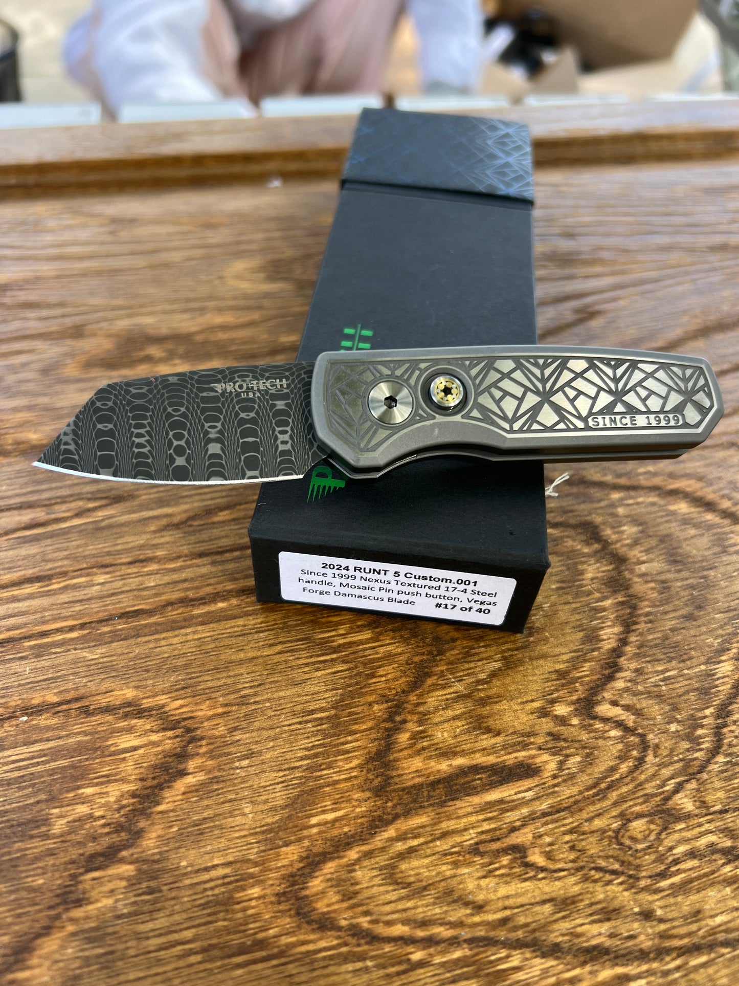 Pro-Tech Custom Runt 5 AUTO Folding Knife 1.94" VF Spirograph Damascus Reverse Tanto Blade, 'Since 1999' Nexus Textured 17-4 Stainless Steel Handles, Mosaic Button - 2024.Runt 5.Custom.001