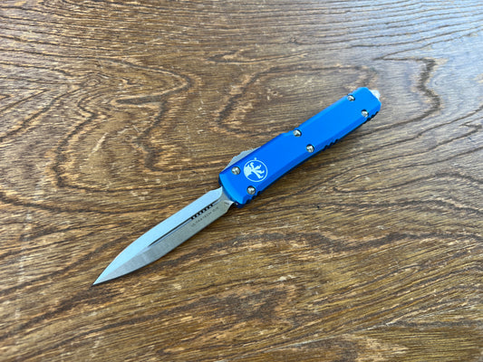 Microtech 122-10BL Ultratech AUTO OTF 3.46" Stonewashed Double Edge Dagger Blade, Blue Aluminum Handles