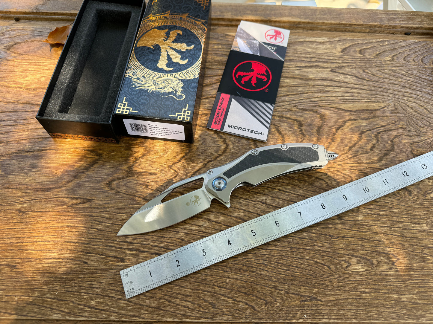 Microtech Matrix Manual Folding Knife 3.77" M390 Hand Rubbed Modified Sheepsfoot Plain Blade, Titanium Handles with Carbon Fiber Inlays, Reversible Clip, Frame Lock - 165C-4CFITI