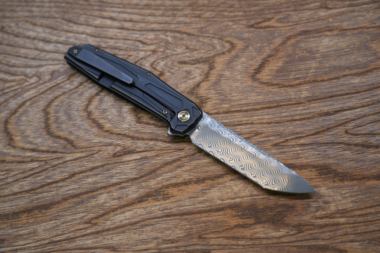 We Knife Company Rafal Brzeski Shadowfire Flipper Knife 3.97" Hakkapella Damasteel Tanto Blade, Bronze/Black Titanium Handles, Frame Lock - WE22035-DS1