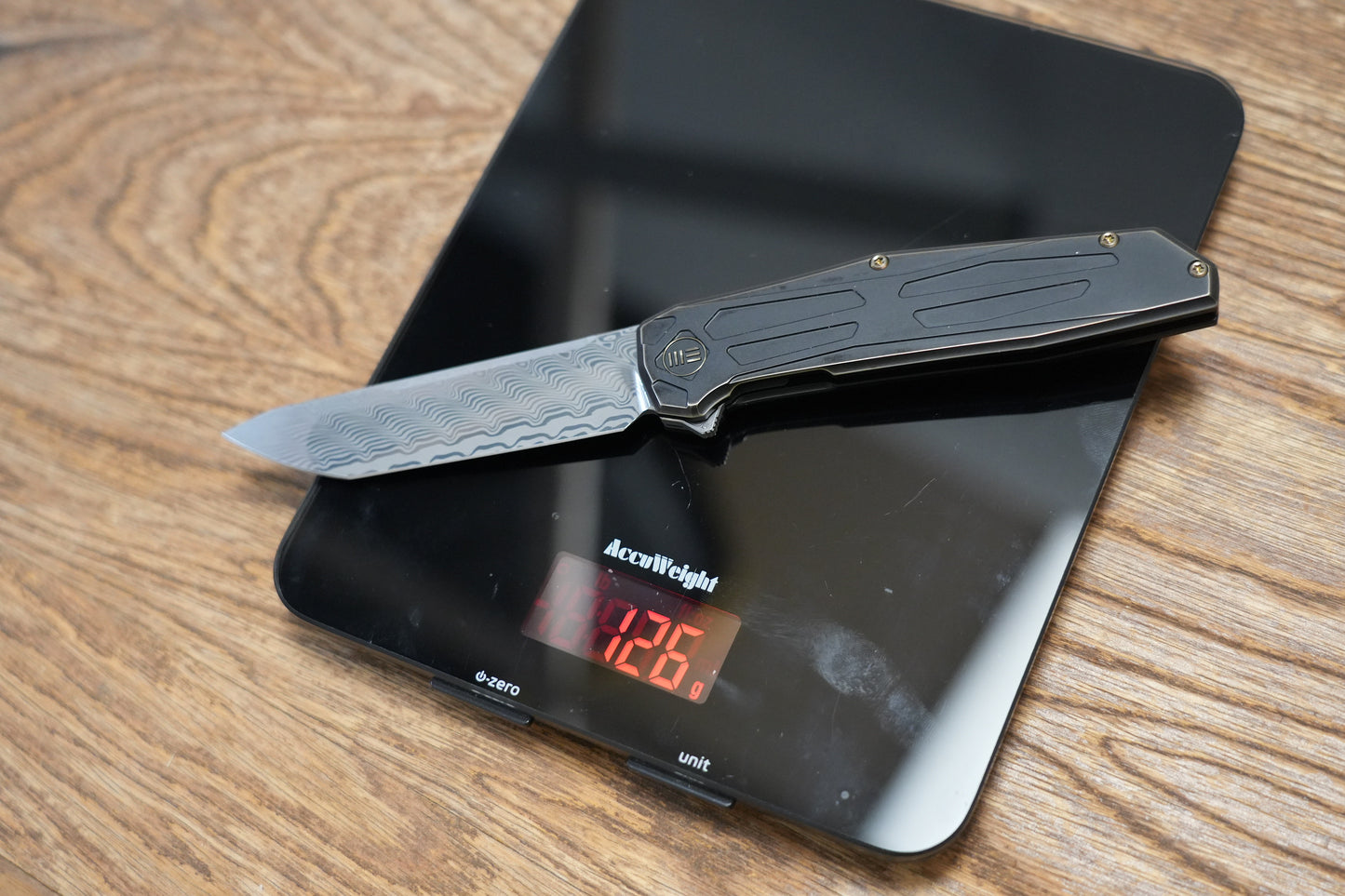 We Knife Company Rafal Brzeski Shadowfire Flipper Knife 3.97" Hakkapella Damasteel Tanto Blade, Bronze/Black Titanium Handles, Frame Lock - WE22035-DS1