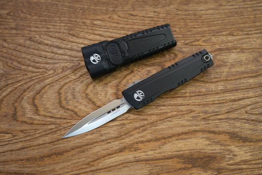 Microtech/SureFire Collaboration Luminary AUTO OTF Knife Box Set 3.625" M390MK Stonewashed Double Edge Dagger Blade, Black Machined Aluminum Handles, Includes SureFire Stiletto Pro II EDC Flashlight - 1270-10SET