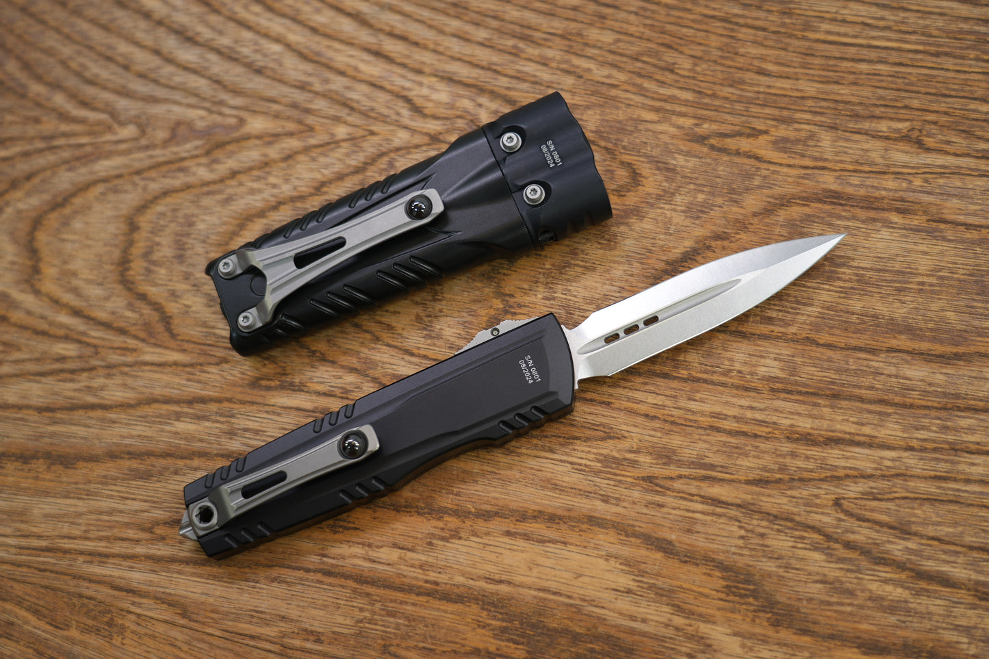 Microtech/SureFire Collaboration Luminary AUTO OTF Knife Box Set 3.625" M390MK Stonewashed Double Edge Dagger Blade, Black Machined Aluminum Handles, Includes SureFire Stiletto Pro II EDC Flashlight - 1270-10SET