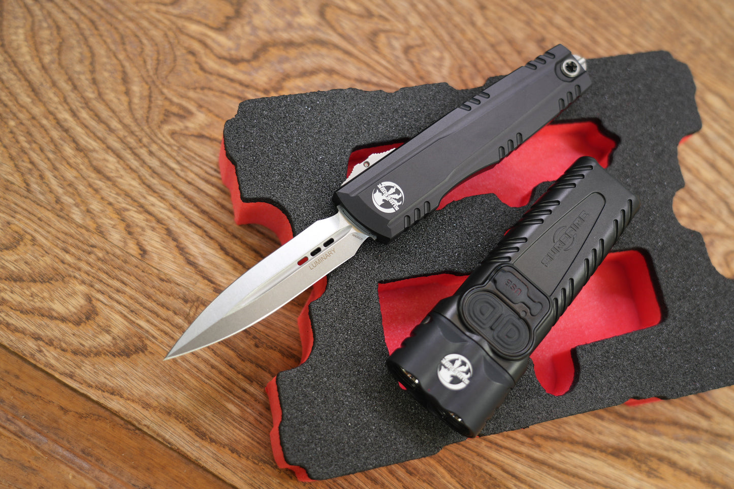 Microtech/SureFire Collaboration Luminary AUTO OTF Knife Box Set 3.625" M390MK Stonewashed Double Edge Dagger Blade, Black Machined Aluminum Handles, Includes SureFire Stiletto Pro II EDC Flashlight - 1270-10SET