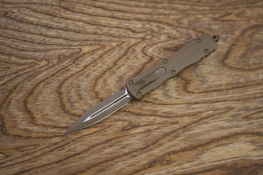 Microtech 225-1CTA Dirac AUTO OTF Knife 2.92" Tan Cerakote Double Edge Dagger Blade and Aluminum Handles