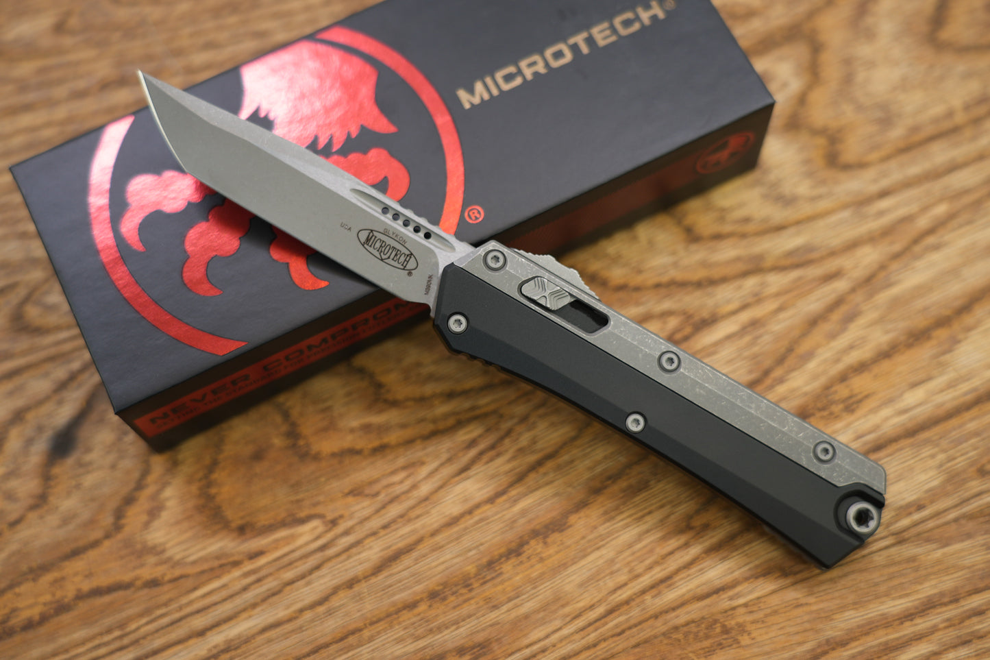 Microtech Glykon OTF Knife Aluminum/Titanium 3.75" Tanto Stonewash 185-10AP